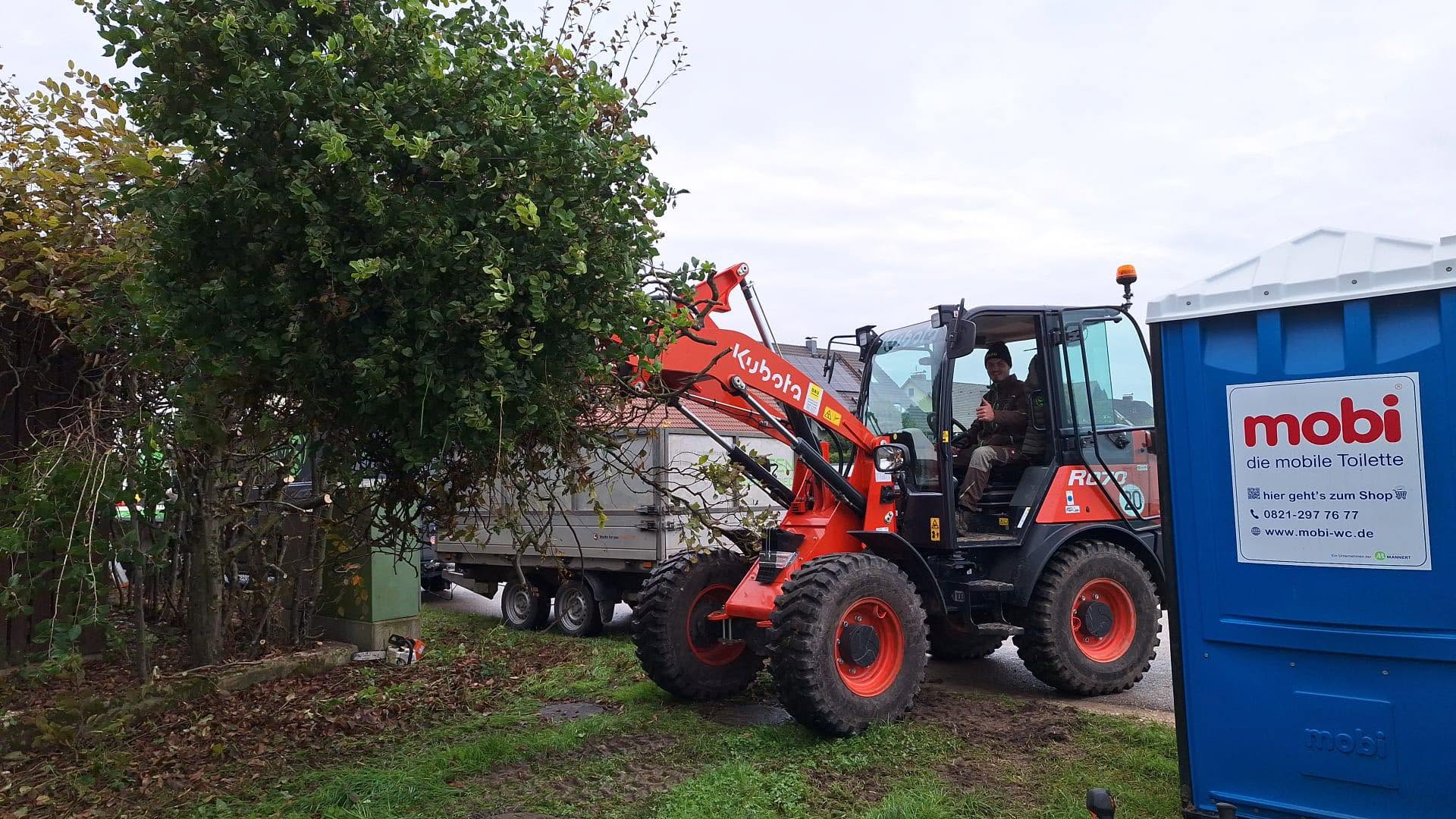 Kubota-Radlader bei Baumpflege- und Landschaftsarbeiten im Einsatz vor Ort
